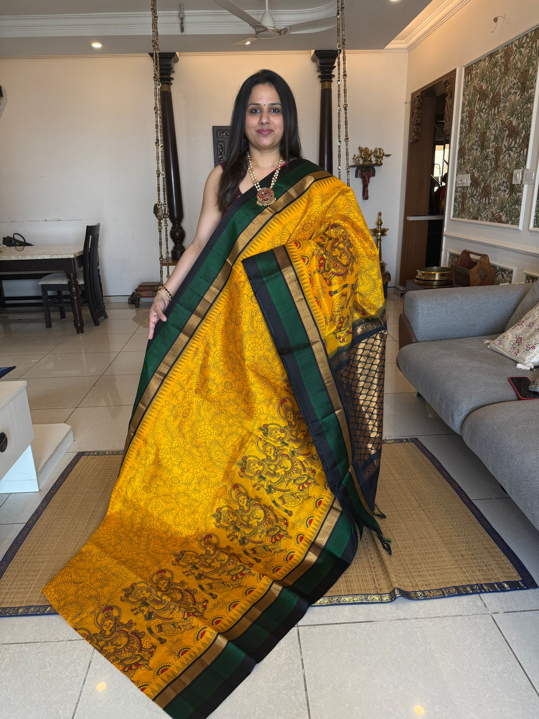 Yellow with Black , triple colour temple border ,rich Pallu Radhakrishna printed Korvai Silk Cotton Saree