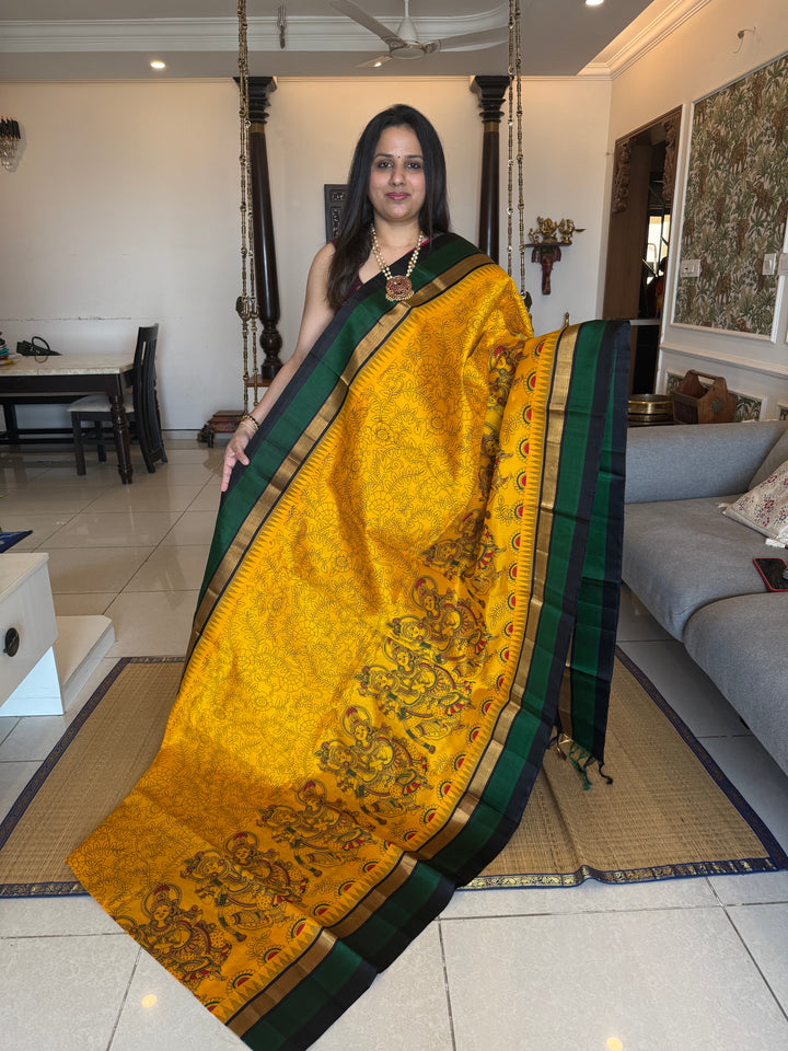 Yellow with Black , triple colour temple border ,rich Pallu Radhakrishna printed Korvai Silk Cotton Saree