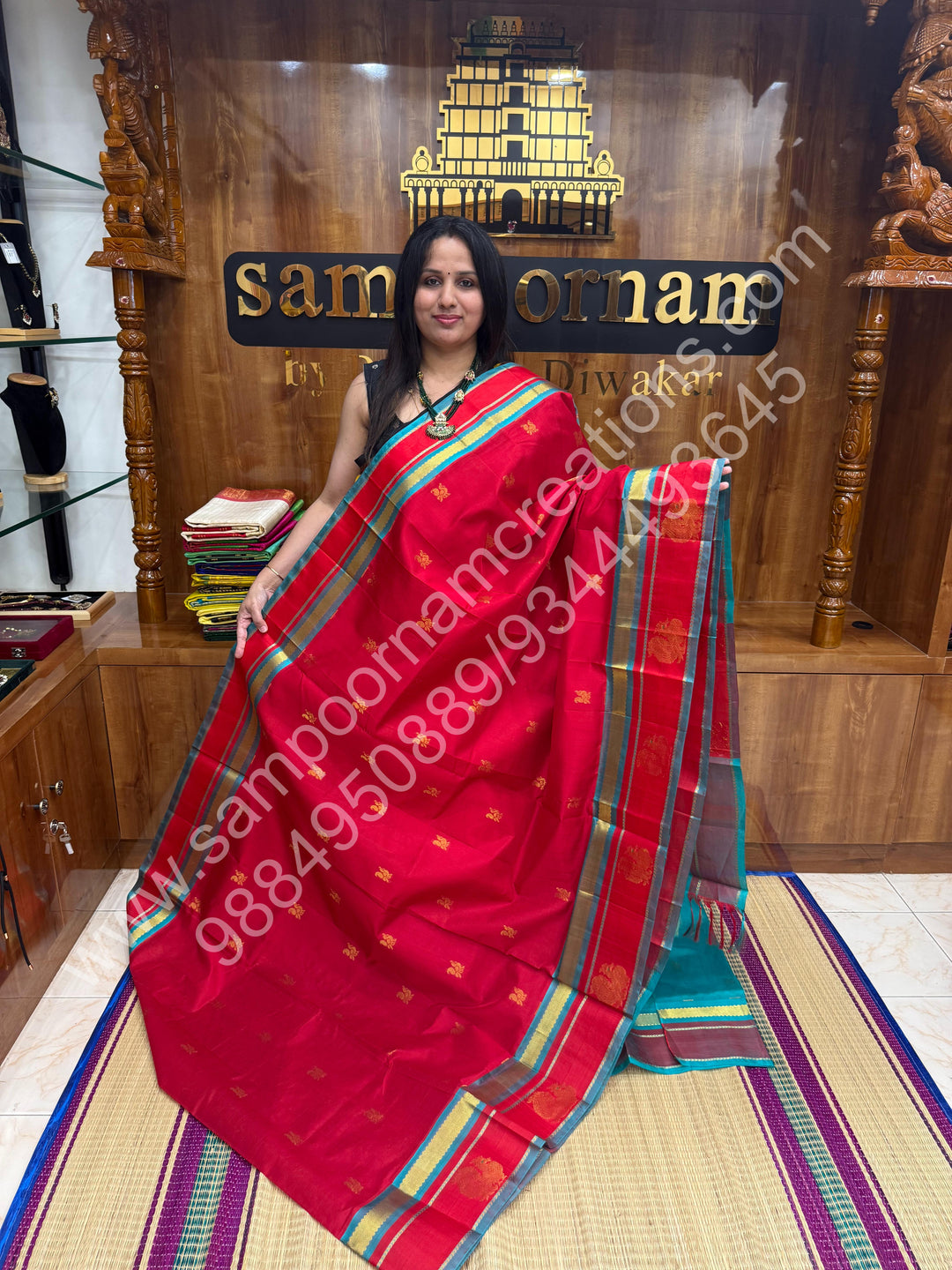 Chilli Red with Turquoise Blue , rich Zari Butta and Annam Butta in the body , traditional Borders and Grand Pallu Korvai Silk Cotton Saree