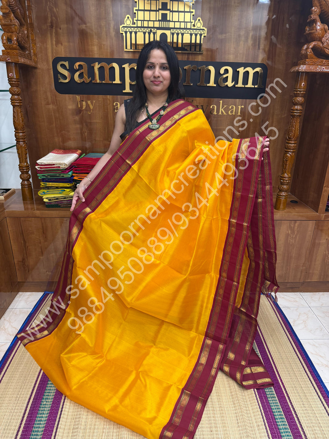 Mambazha Manjal With Indigo Blue  , rich Zari Mango and Annam Butta in the body ,traditional Borders and Grand Pallu Korvai Silk Cotton Saree