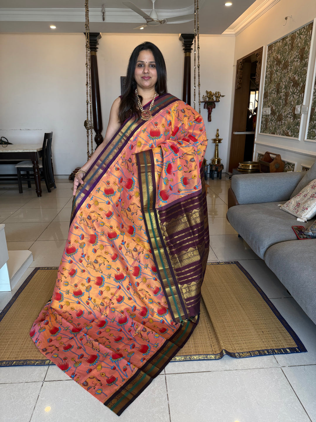 Peachish Orange with Ganga Jamuna borders Brown and Purple ,  rich Pallu Pichwai printed Korvai Silk Cotton Saree
