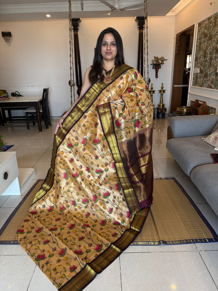 Light Gold with Brown Traditional Borders, and Rich Pallu Korvai Silk Cotton Saree
