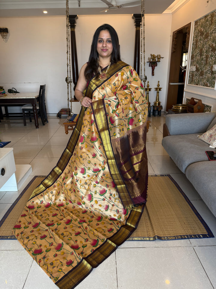 Light Gold with Brown Traditional Borders, and Rich Pallu Korvai Silk Cotton Saree