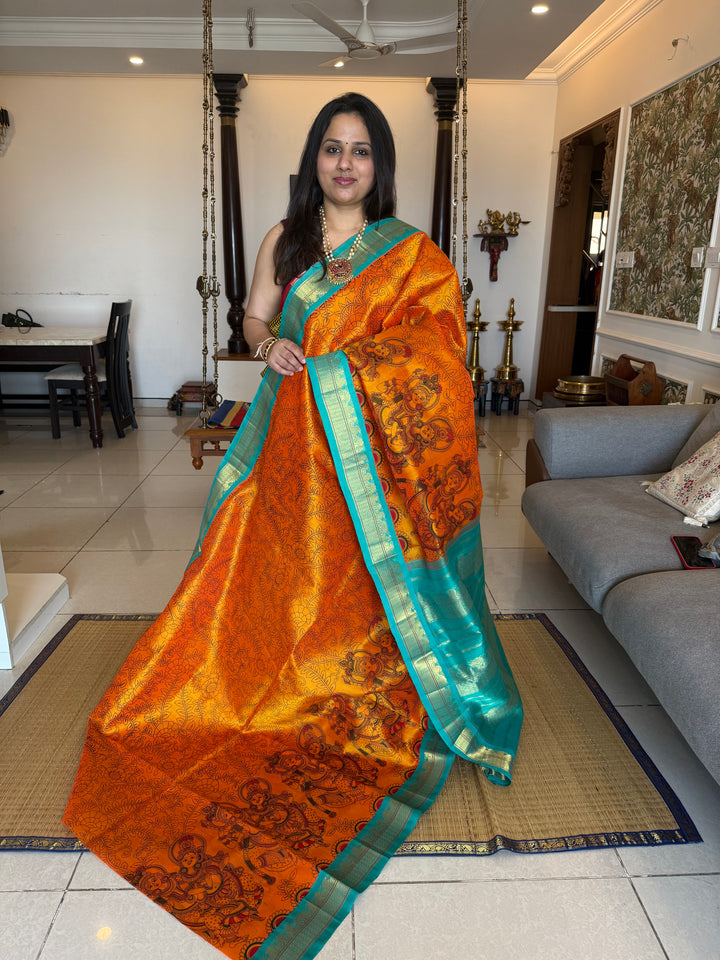 Orange with Turquoise Blue  traditional borders ,rich Pallu Radhakrishna printed Korvai Silk Cotton Saree