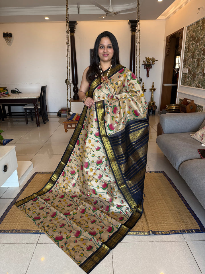 Light Beige with Black Traditional Mayil Border and Rich Pallu Korvai Silk Cotton Saree