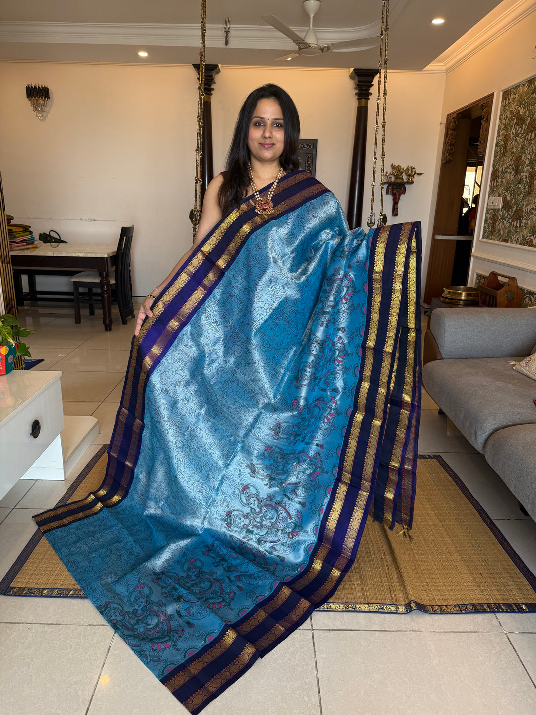 Steel Blue with Dark Blue rettapet border, rich Pallu Radhakrishna printed Korvai Silk Cotton Saree