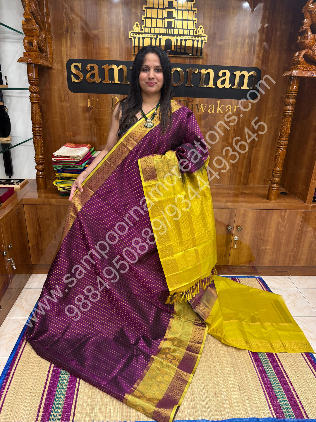 Purple with Lemon Yellow  , rich Zari Lakshadeepam butta in the body , one side long traditional Borders and Grand Pallu Korvai Silk Cotton Saree