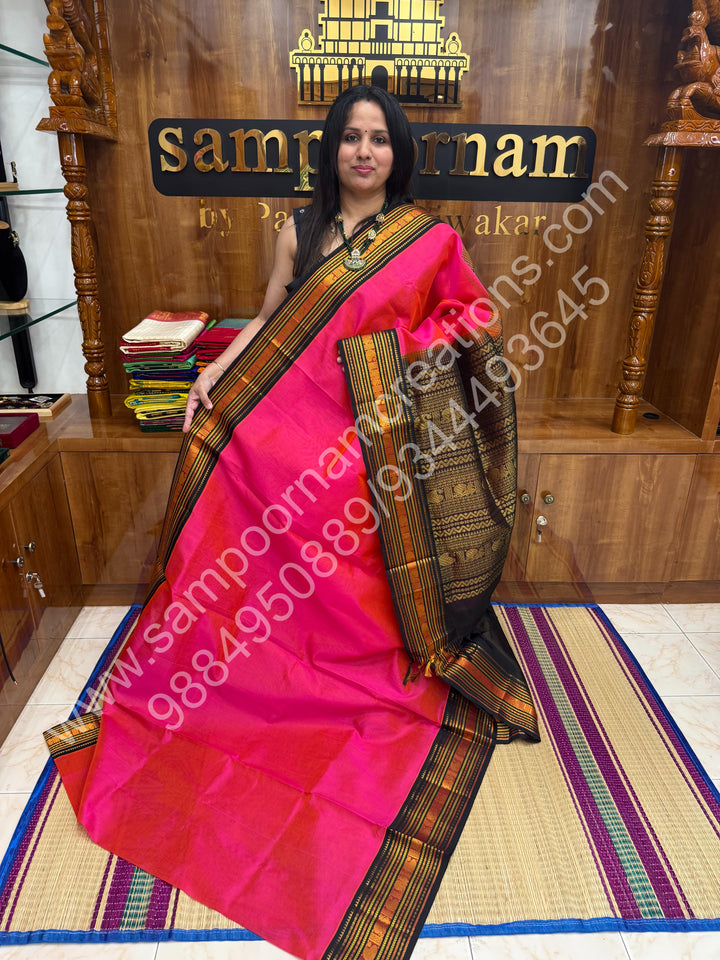 Rani Pink with Brown , traditional borders and rich Pallu Korvai Silk Cotton Saree