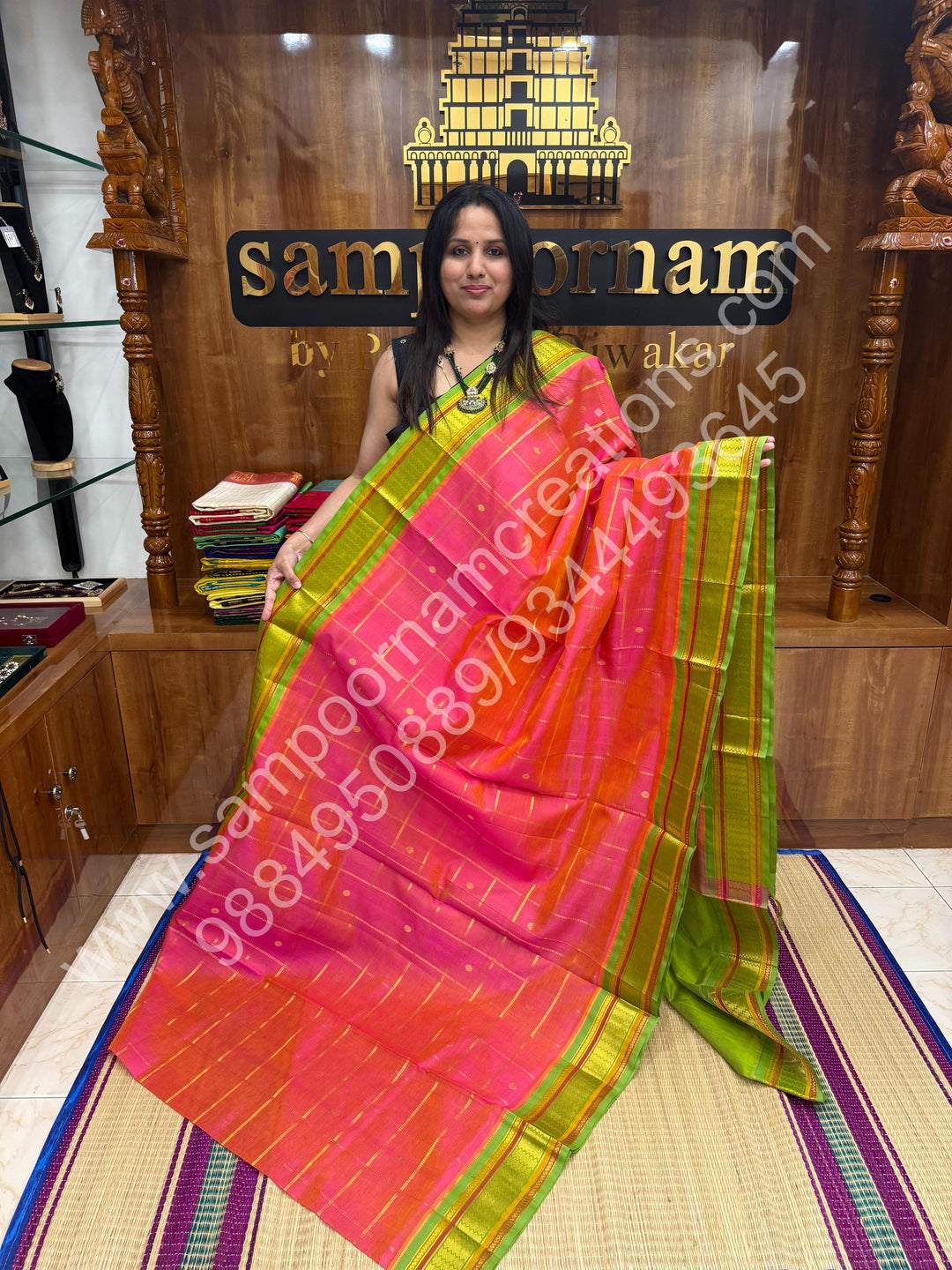 Candy Pink with Lemon Green  , rich Zari checks and Butta in the in the body , traditional Borders and Grand Pallu Korvai Silk Cotton Saree