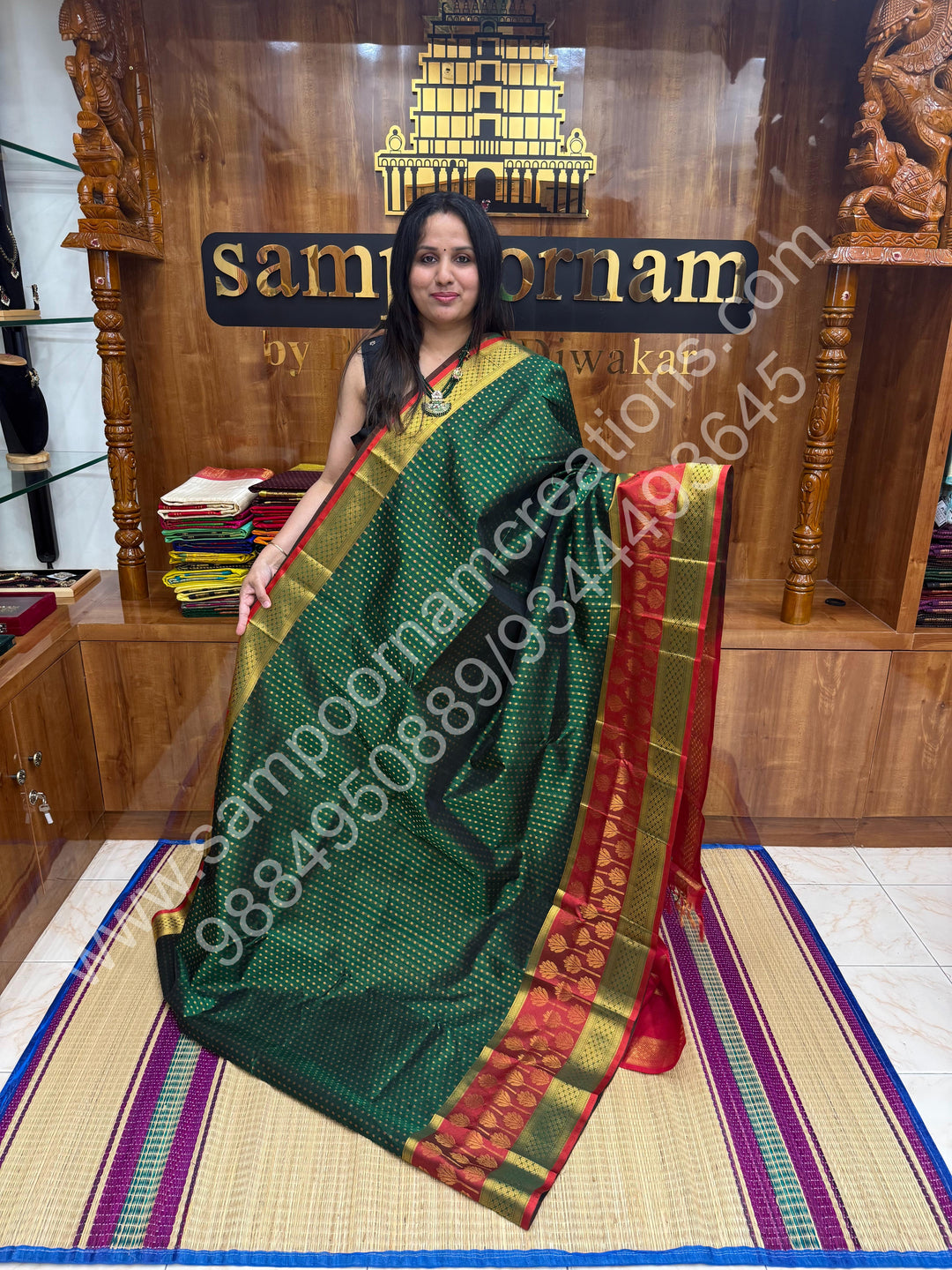 Green with Red  , rich Zari Lakshadeepam butta in the body , one side long traditional Borders and Grand Pallu Korvai Silk Cotton Saree