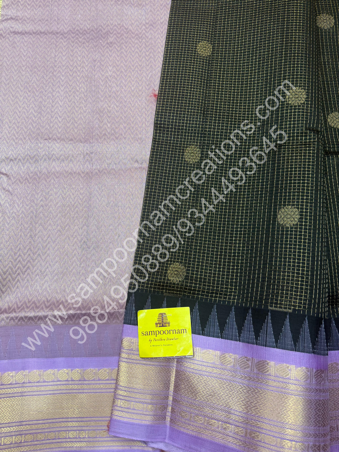 Black with Lilac , rich Zari butta and Podi Kattam in the body  , traditional Borders and Grand Pallu Korvai Silk Cotton Saree