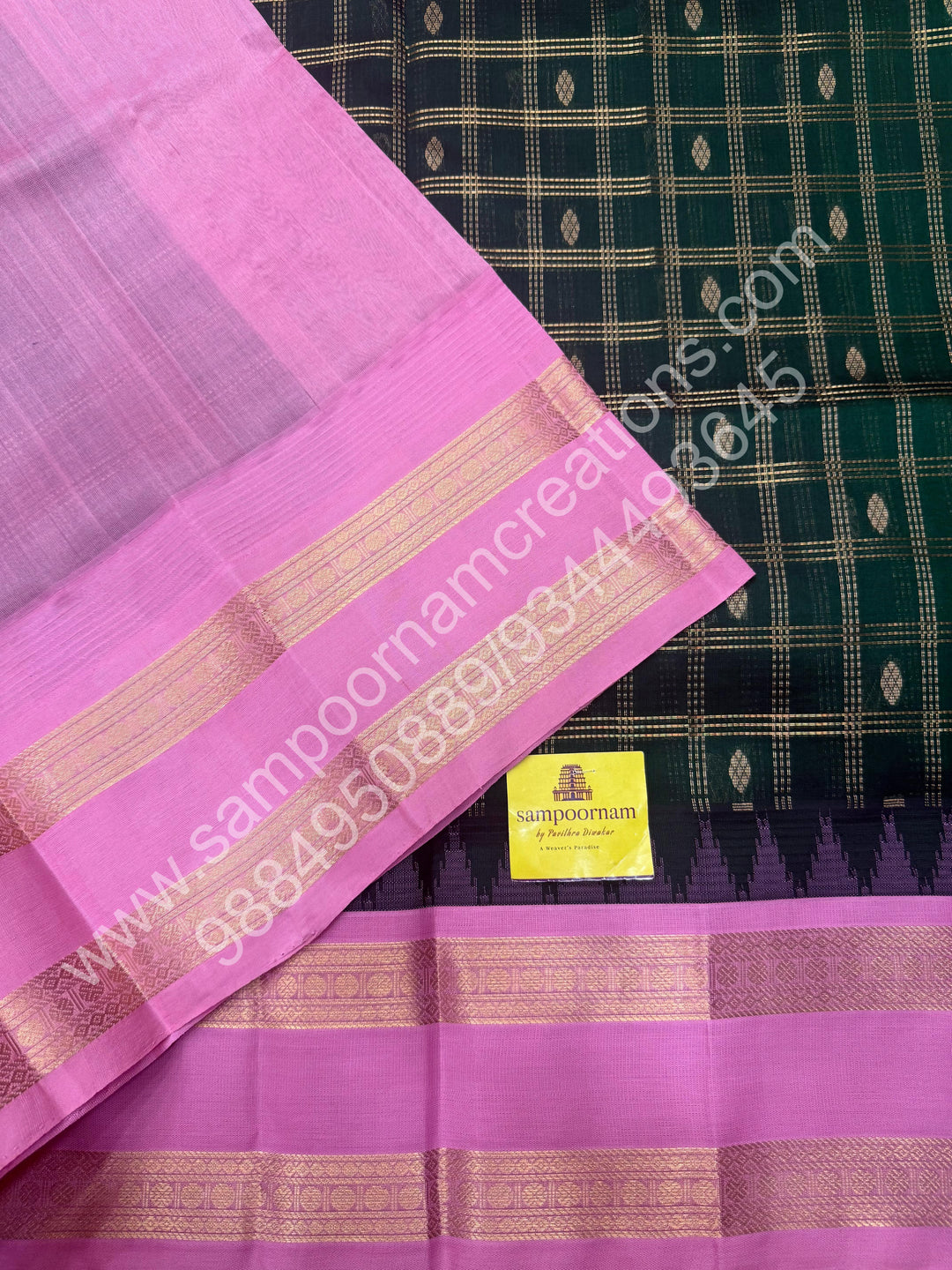Dark Green with Baby Pink  , rich Zari checks in the body , Temple designs with Rettapet Borders and Grand Pallu Korvai Silk Cotton Saree
