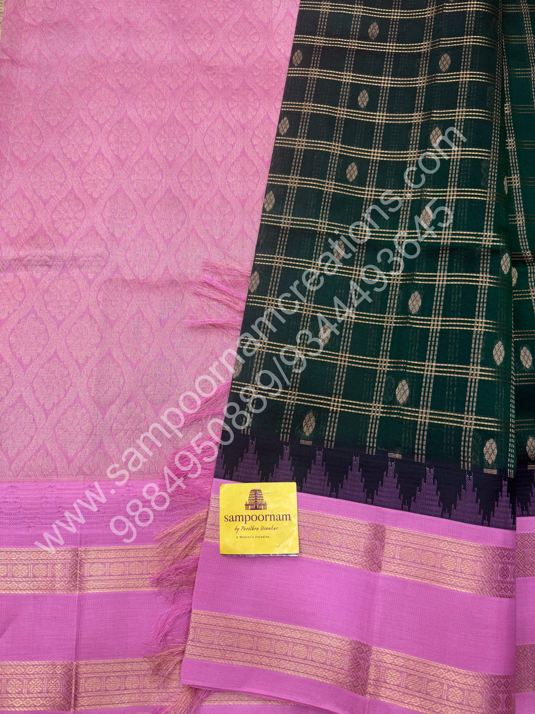 Dark Green with Baby Pink  , rich Zari checks in the body , Temple designs with Rettapet Borders and Grand Pallu Korvai Silk Cotton Saree