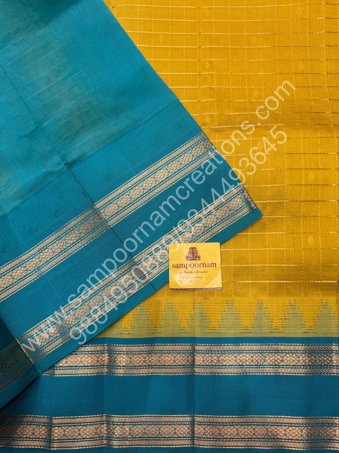 Lemon Green with Turquoise Blue  , rich Zari checks in the body , Temple designs with Rettapet Borders and Grand Pallu Korvai Silk Cotton Saree