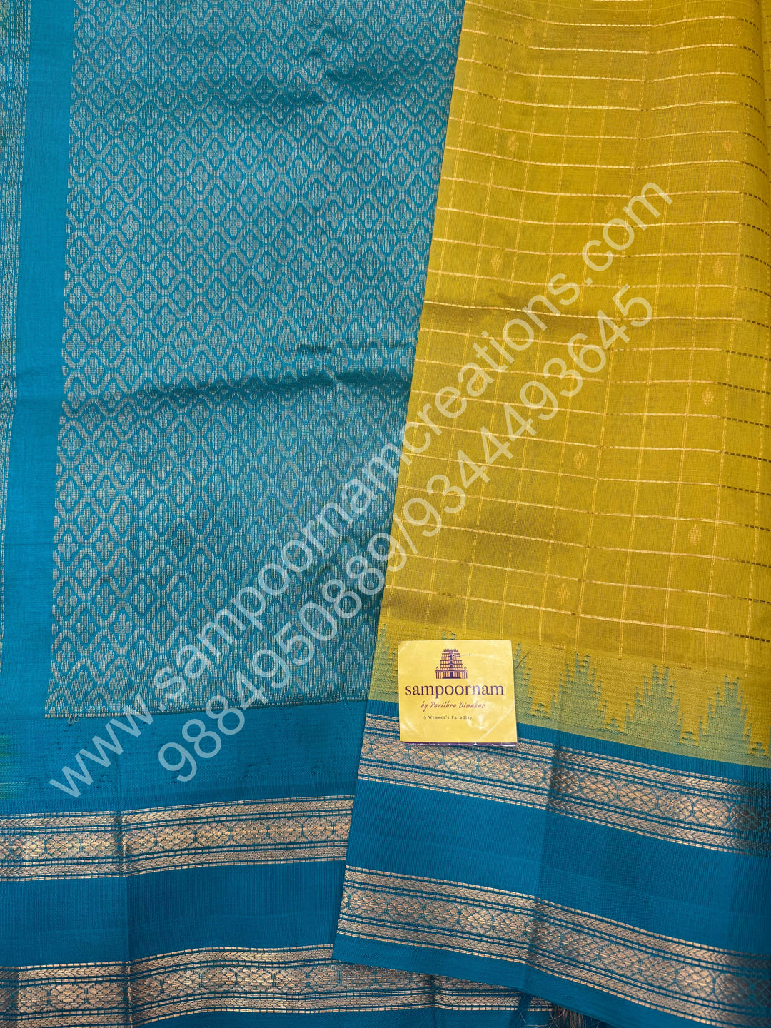 Lemon Green with Turquoise Blue  , rich Zari checks in the body , Temple designs with Rettapet Borders and Grand Pallu Korvai Silk Cotton Saree