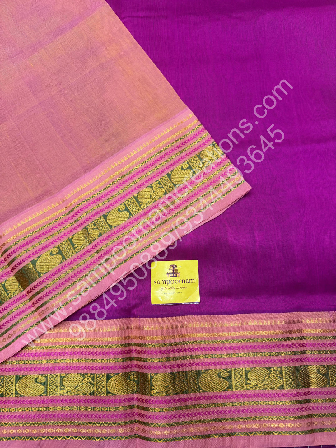 Magenta with Salmon Pink  , traditional borders and rich Pallu Korvai Silk Cotton Saree