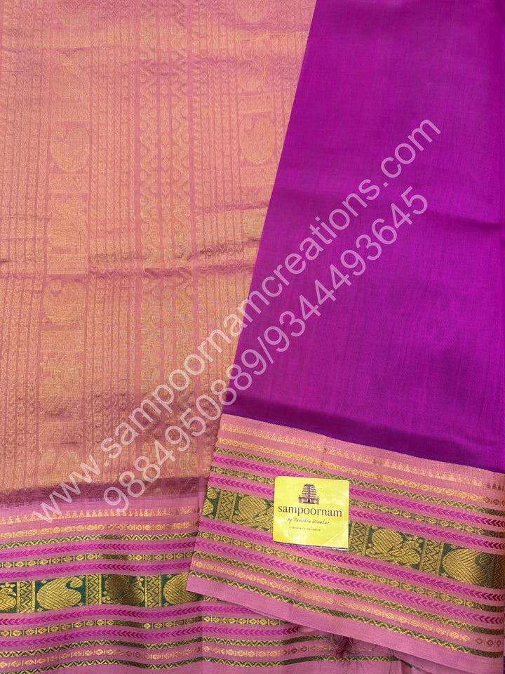 Magenta with Salmon Pink  , traditional borders and rich Pallu Korvai Silk Cotton Saree