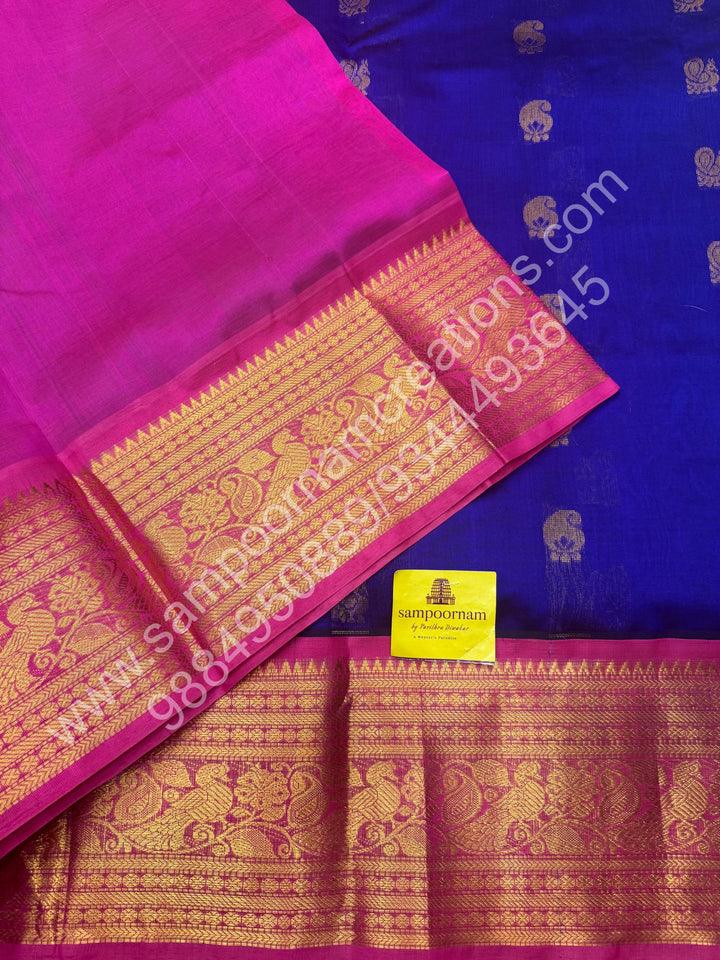 Royal Blue with Pink  , rich Zari Mango and Annam Butta in the body , One side long traditional Borders and Grand Pallu Korvai Silk Cotton Saree