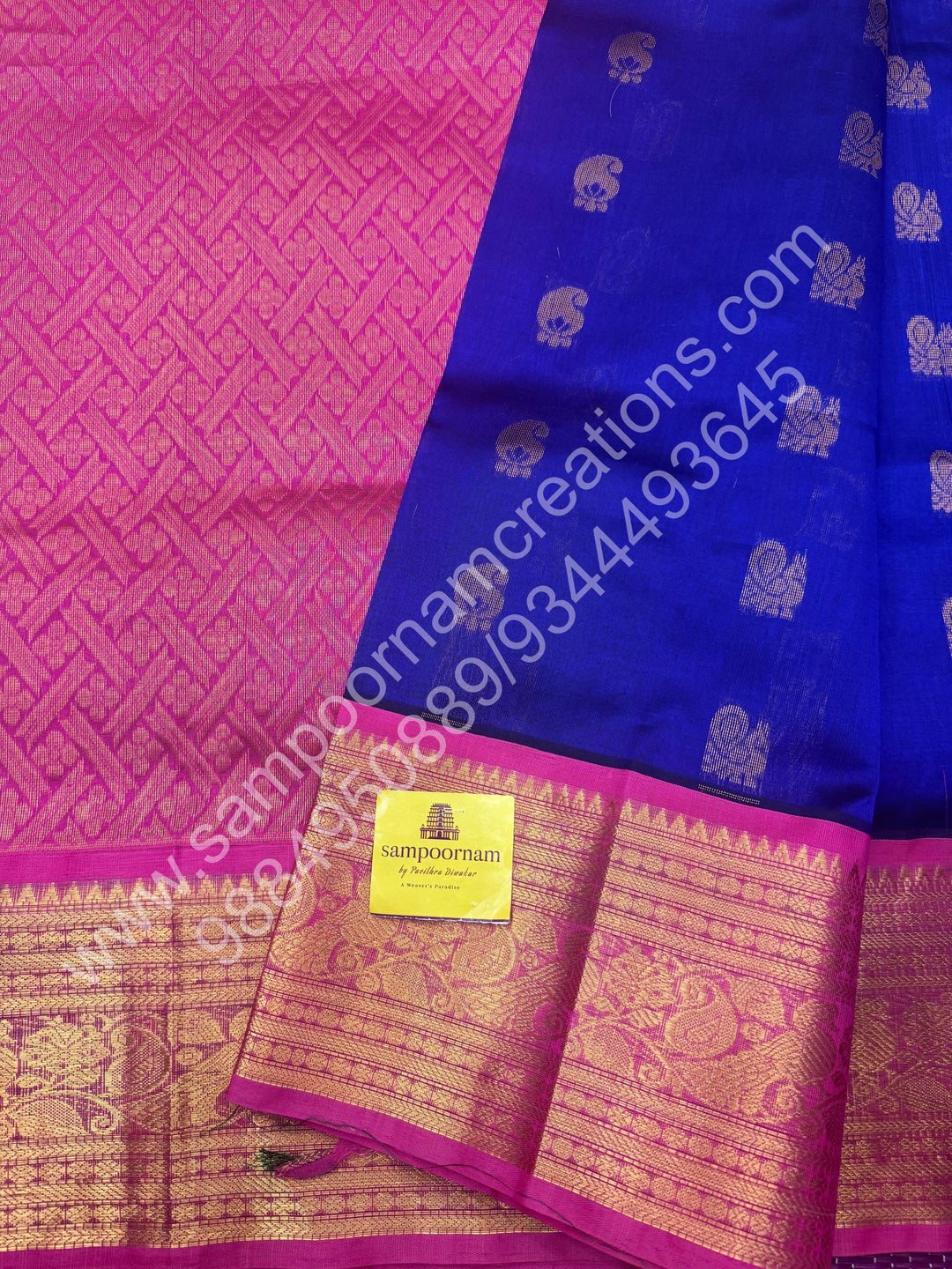 Royal Blue with Pink  , rich Zari Mango and Annam Butta in the body , One side long traditional Borders and Grand Pallu Korvai Silk Cotton Saree