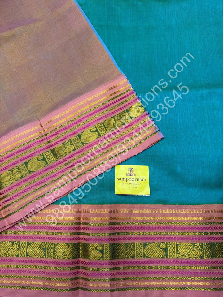 Ramar Green with Salmon Pink  , traditional borders and rich Pallu Korvai Silk Cotton Saree