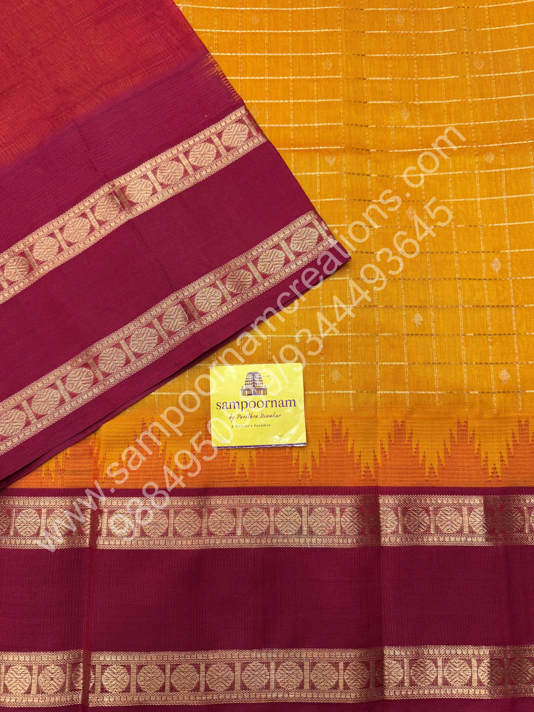 Mambazha Manjal with Red  , rich Zari checks in the body , Temple designs with Rettapet Borders and Grand Pallu Korvai Silk Cotton Saree