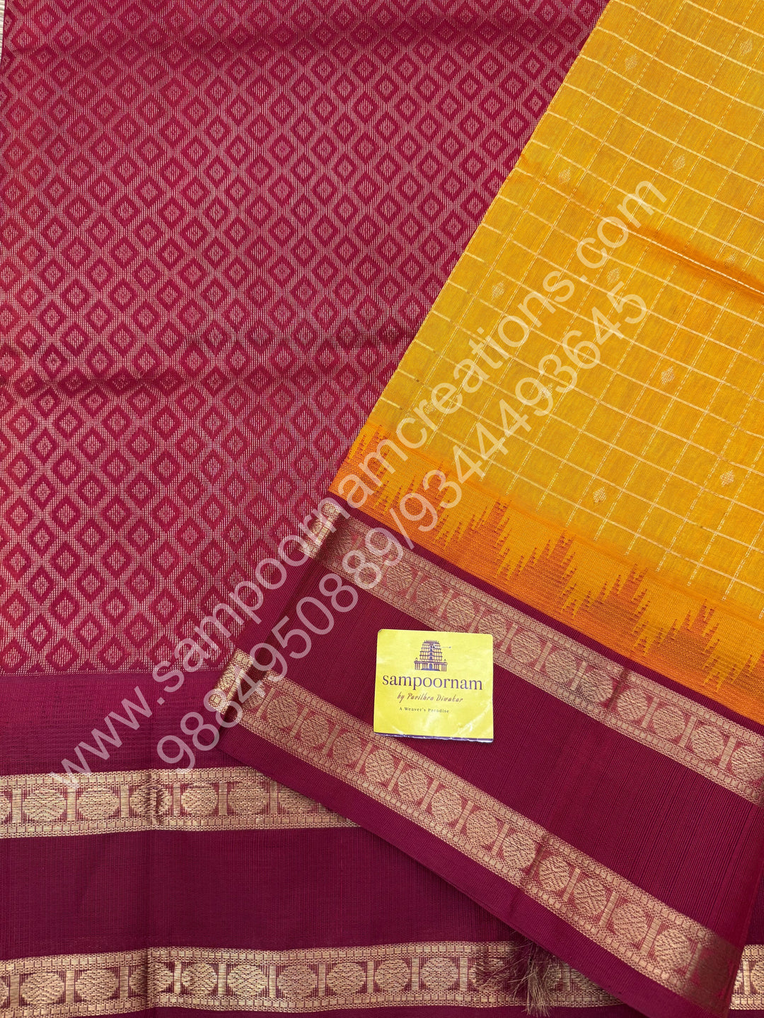 Mambazha Manjal with Red  , rich Zari checks in the body , Temple designs with Rettapet Borders and Grand Pallu Korvai Silk Cotton Saree
