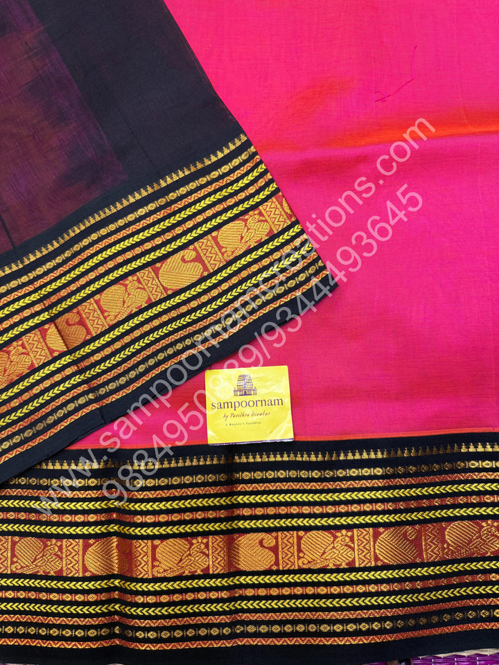 Rani Pink with Brown , traditional borders and rich Pallu Korvai Silk Cotton Saree