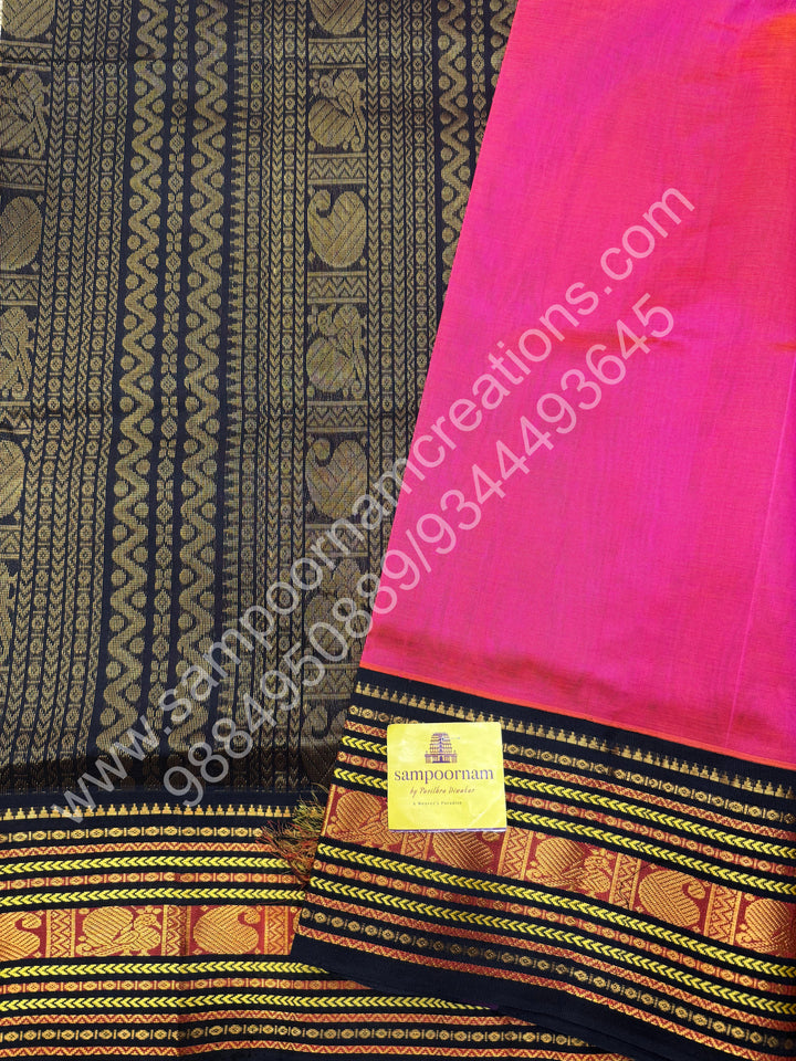Rani Pink with Brown , traditional borders and rich Pallu Korvai Silk Cotton Saree