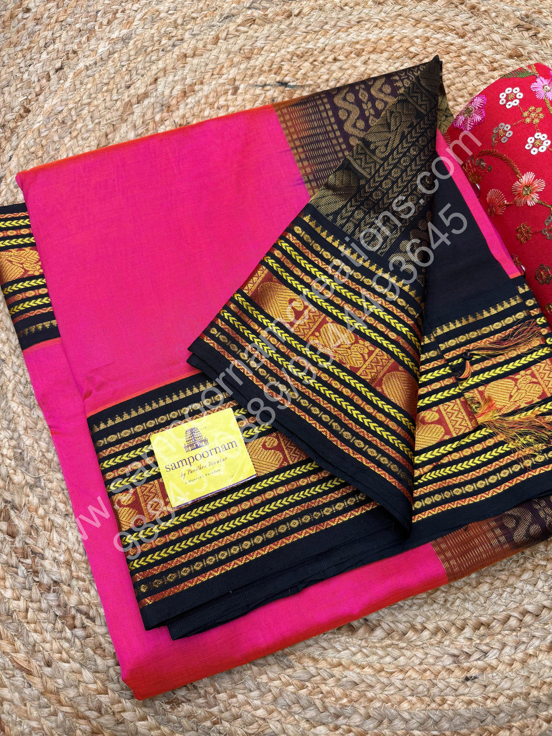 Rani Pink with Brown , traditional borders and rich Pallu Korvai Silk Cotton Saree