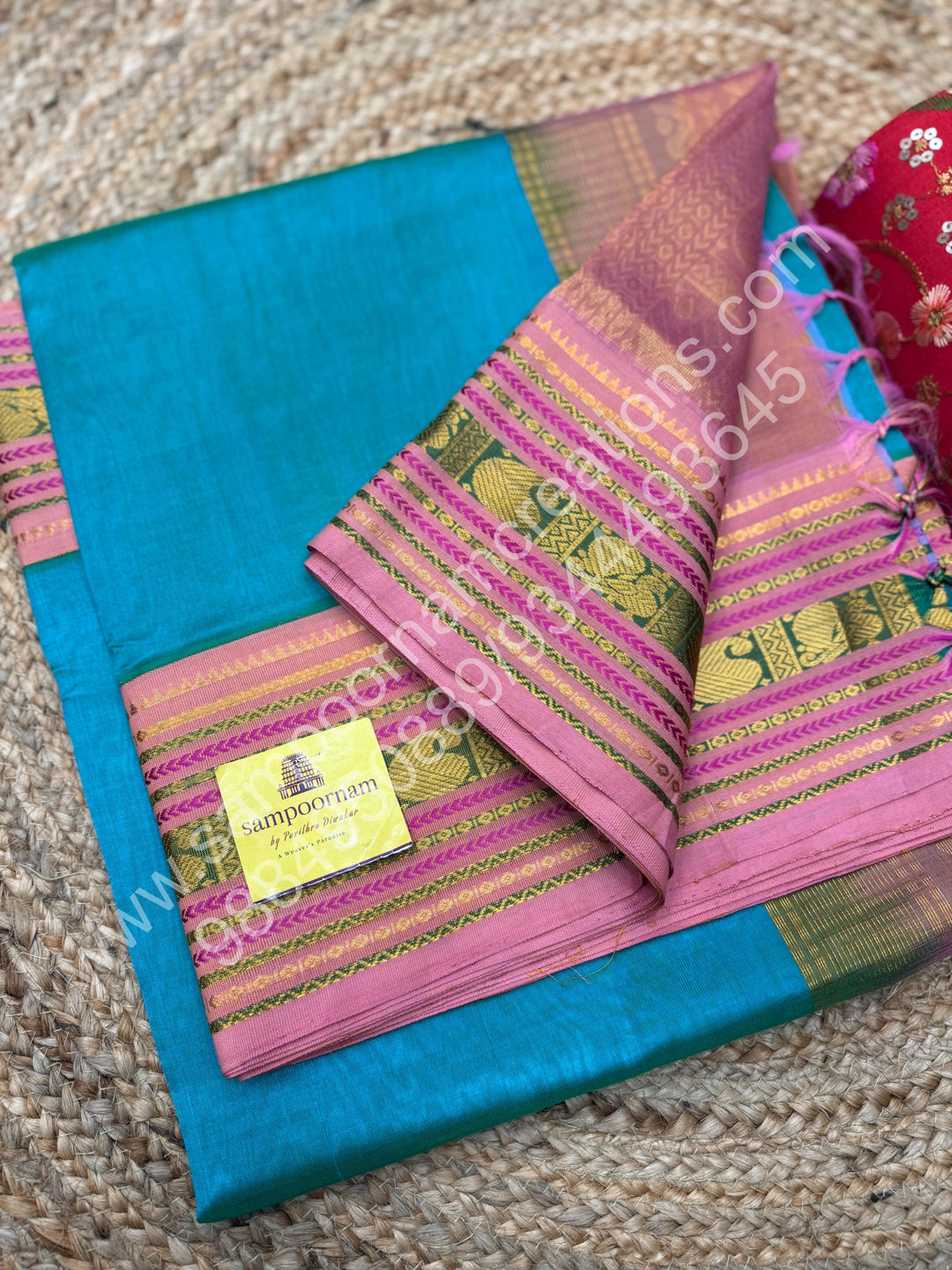 Ramar Green with Salmon Pink  , traditional borders and rich Pallu Korvai Silk Cotton Saree