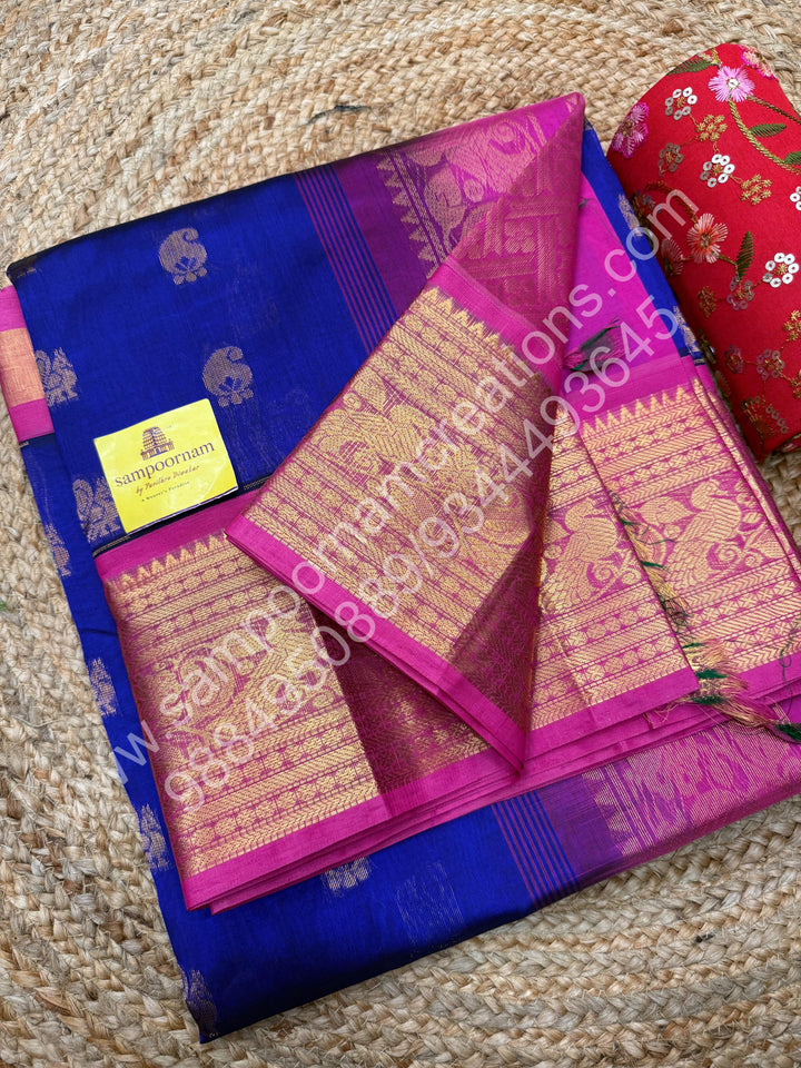 Royal Blue with Pink  , rich Zari Mango and Annam Butta in the body , One side long traditional Borders and Grand Pallu Korvai Silk Cotton Saree
