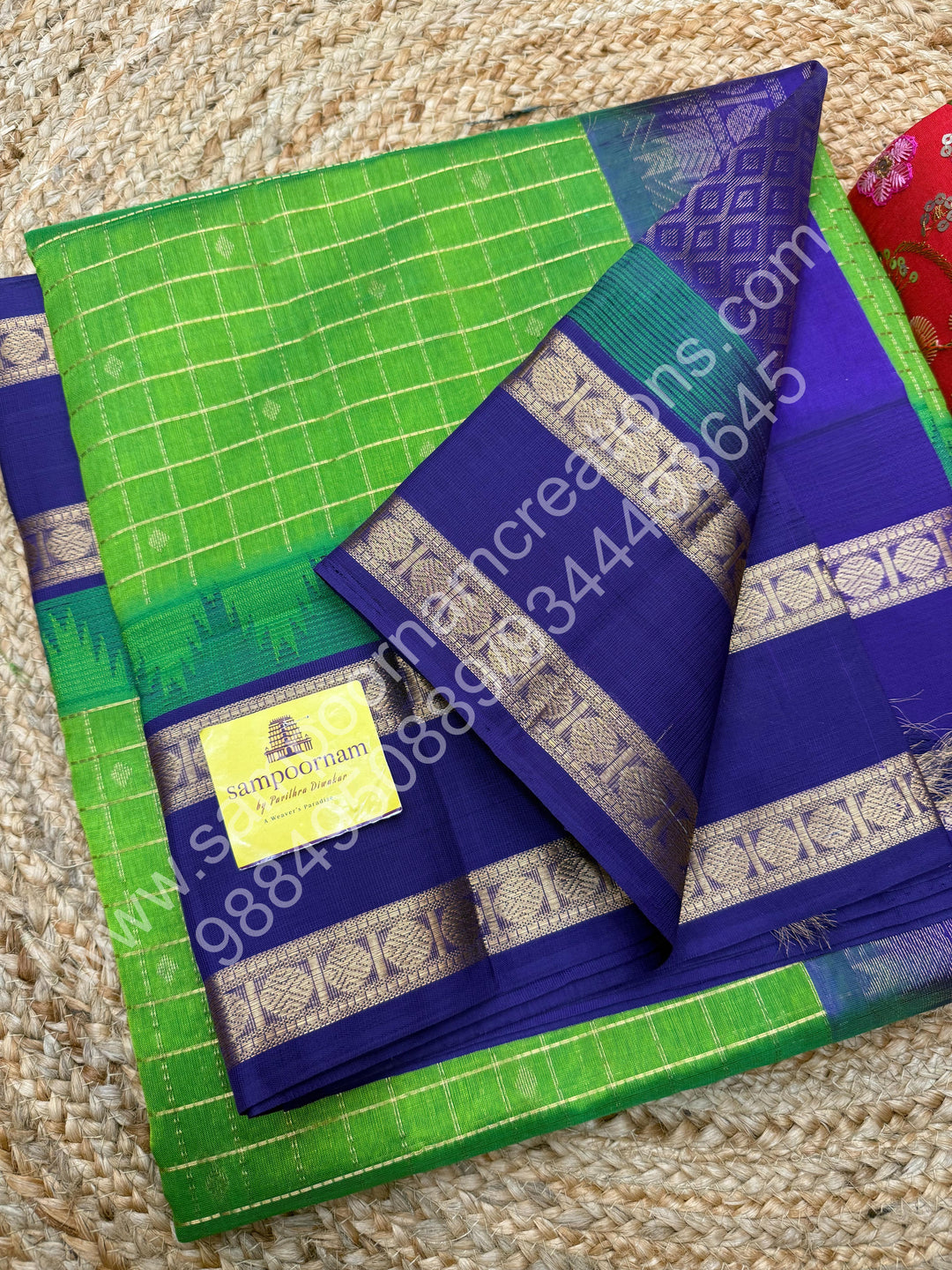 Leaf Green with Indigo Blue  , rich Zari checks in the body , Temple designs with Rettapet Borders and Grand Pallu Korvai Silk Cotton Saree