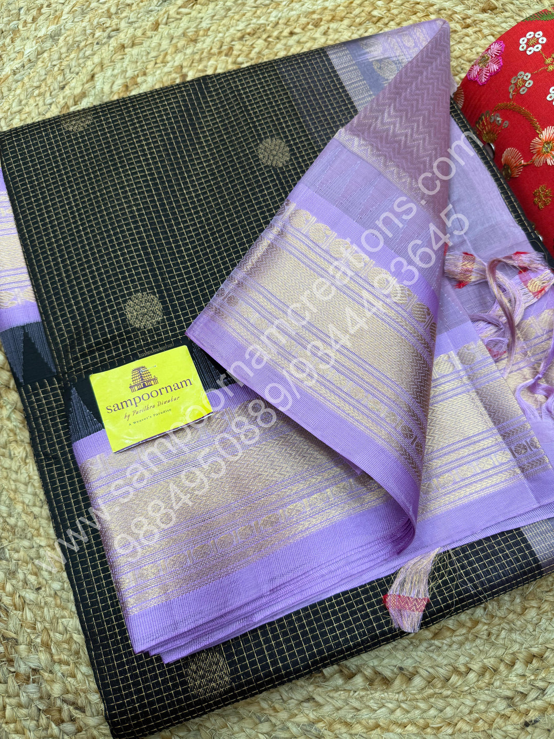 Black with Lilac , rich Zari butta and Podi Kattam in the body  , traditional Borders and Grand Pallu Korvai Silk Cotton Saree