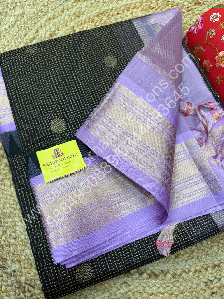 Black with Lilac , rich Zari butta and Podi Kattam in the body  , traditional Borders and Grand Pallu Korvai Silk Cotton Saree