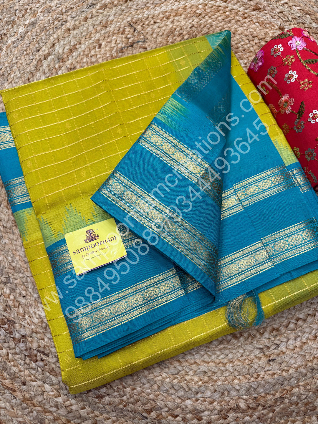 Lemon Green with Turquoise Blue  , rich Zari checks in the body , Temple designs with Rettapet Borders and Grand Pallu Korvai Silk Cotton Saree