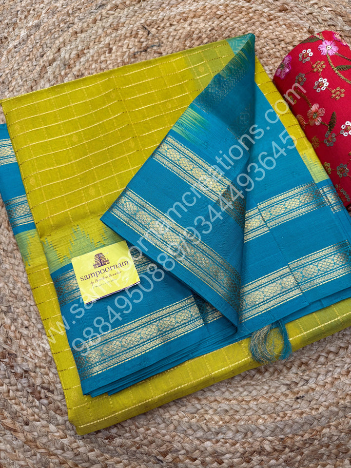 Lemon Green with Turquoise Blue  , rich Zari checks in the body , Temple designs with Rettapet Borders and Grand Pallu Korvai Silk Cotton Saree