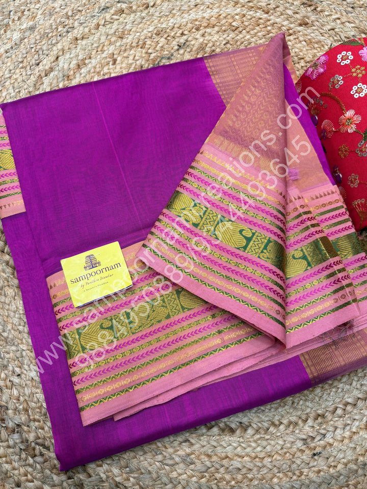Magenta with Salmon Pink  , traditional borders and rich Pallu Korvai Silk Cotton Saree