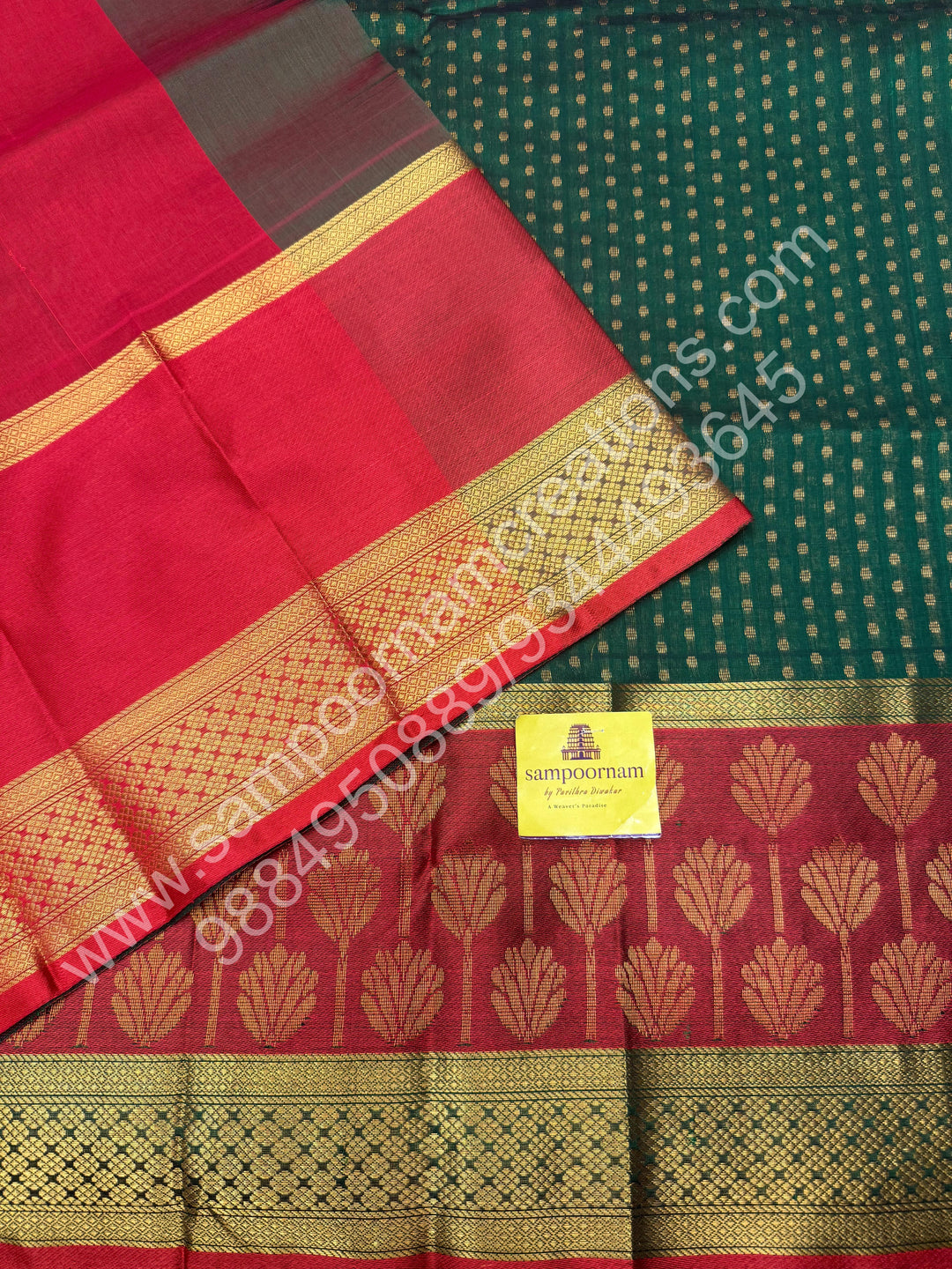 Green with Red  , rich Zari Lakshadeepam butta in the body , one side long traditional Borders and Grand Pallu Korvai Silk Cotton Saree