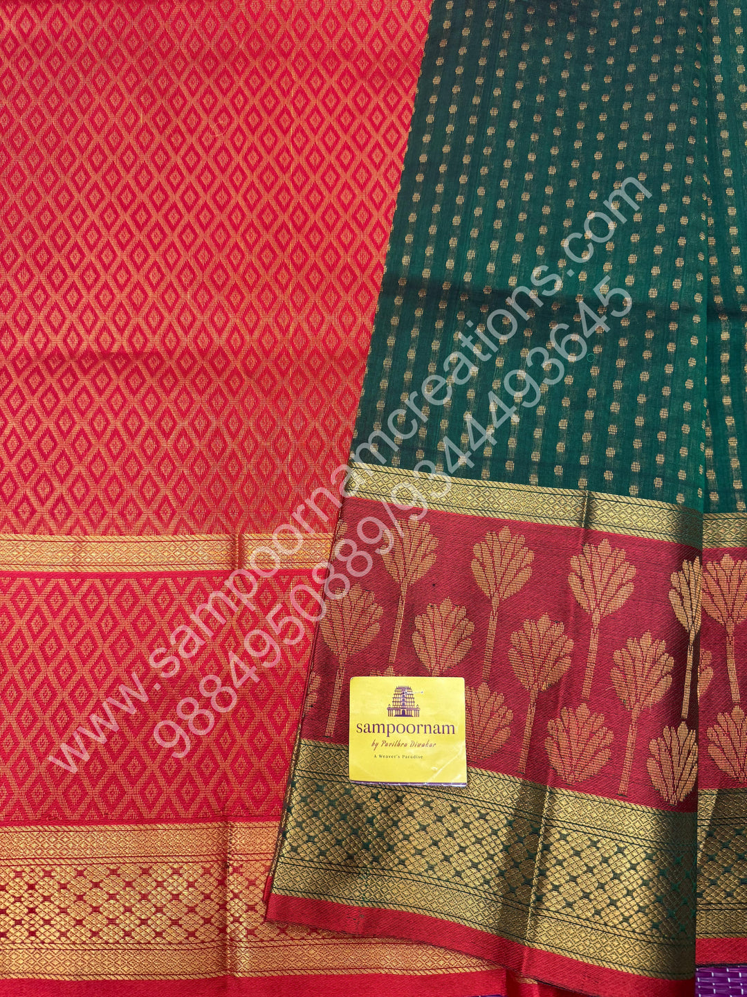 Green with Red  , rich Zari Lakshadeepam butta in the body , one side long traditional Borders and Grand Pallu Korvai Silk Cotton Saree