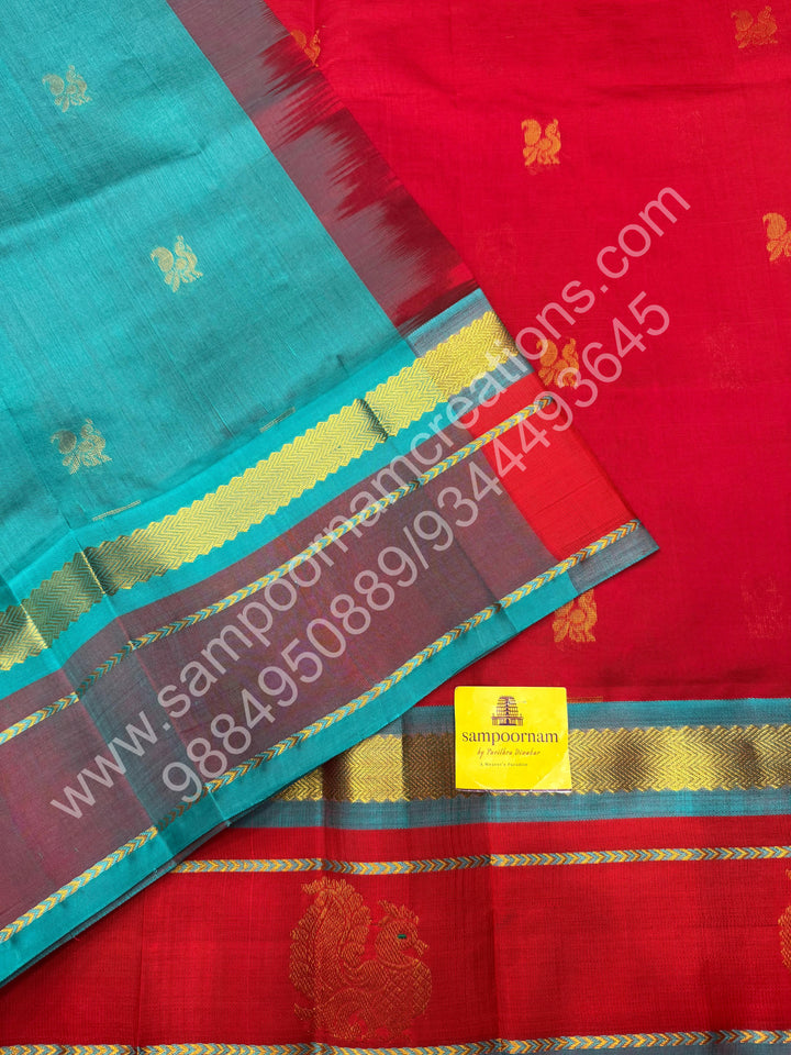 Chilli Red with Turquoise Blue , rich Zari Butta and Annam Butta in the body , traditional Borders and Grand Pallu Korvai Silk Cotton Saree