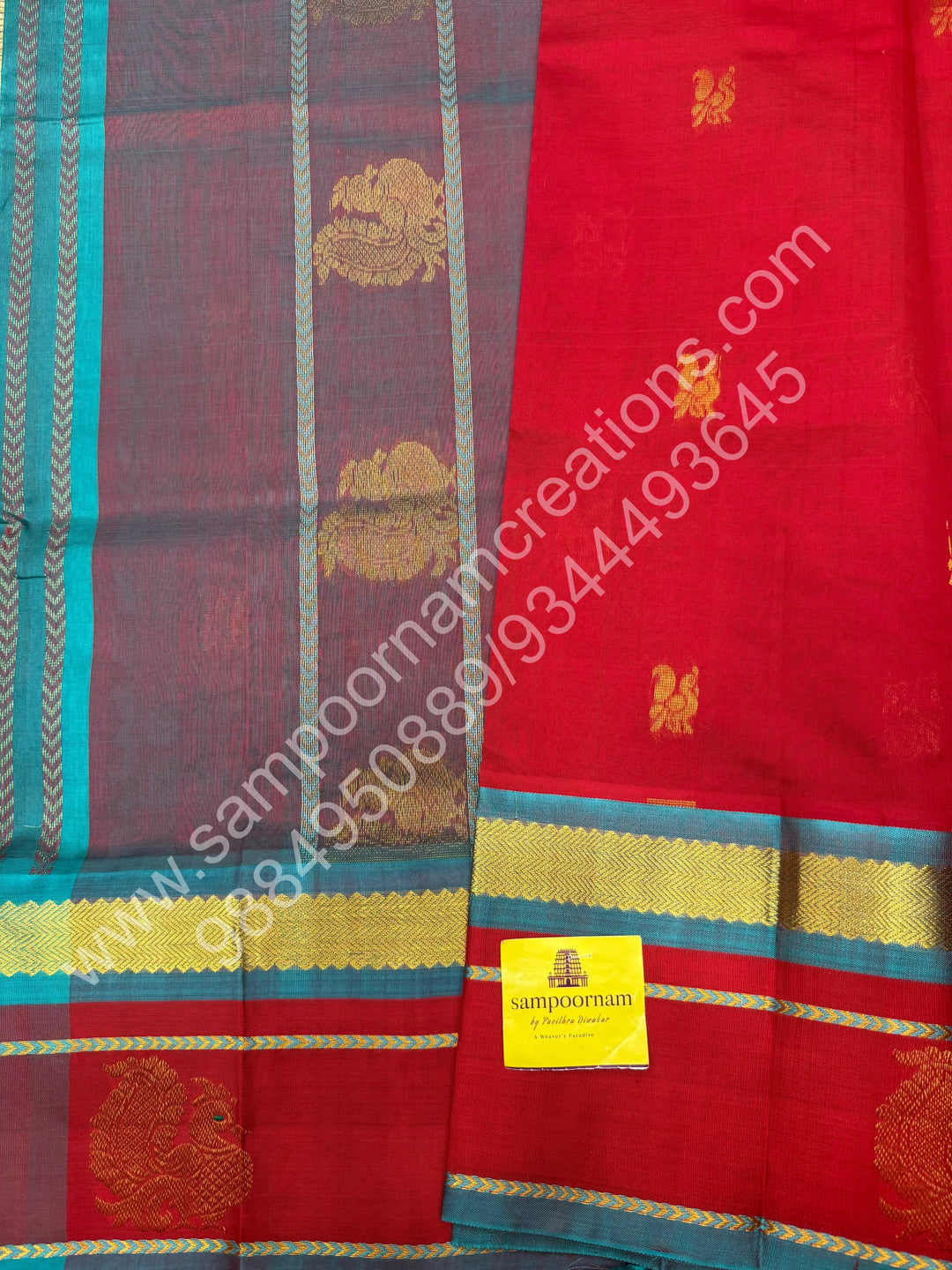 Chilli Red with Turquoise Blue , rich Zari Butta and Annam Butta in the body , traditional Borders and Grand Pallu Korvai Silk Cotton Saree