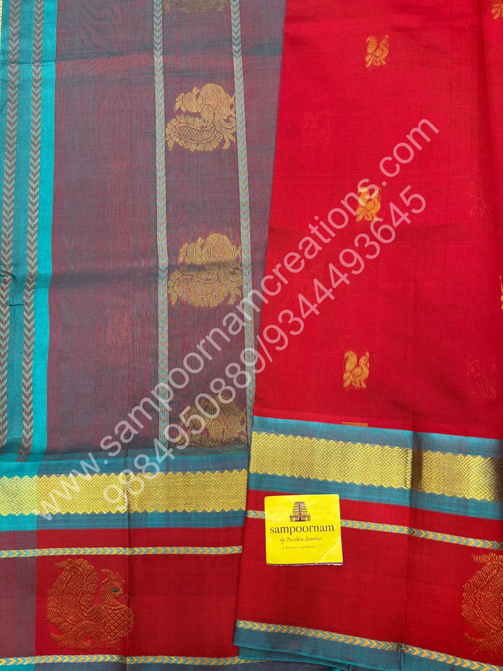 Chilli Red with Turquoise Blue , rich Zari Butta and Annam Butta in the body , traditional Borders and Grand Pallu Korvai Silk Cotton Saree