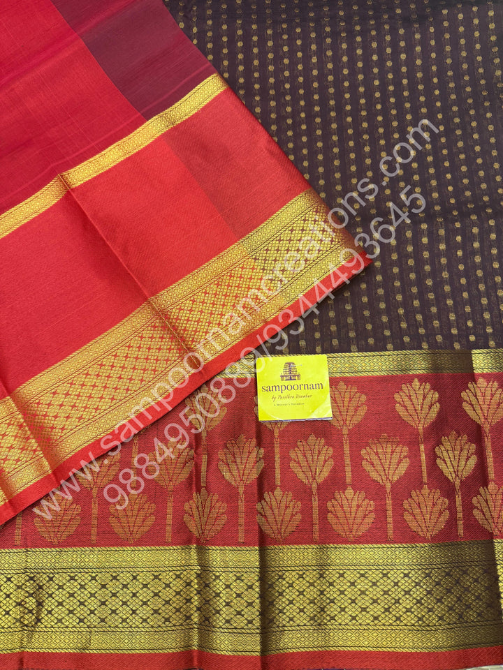 Brown with Red  , rich Zari Lakshadeepam butta in the body , one side long traditional Borders and Grand Pallu Korvai Silk Cotton Saree