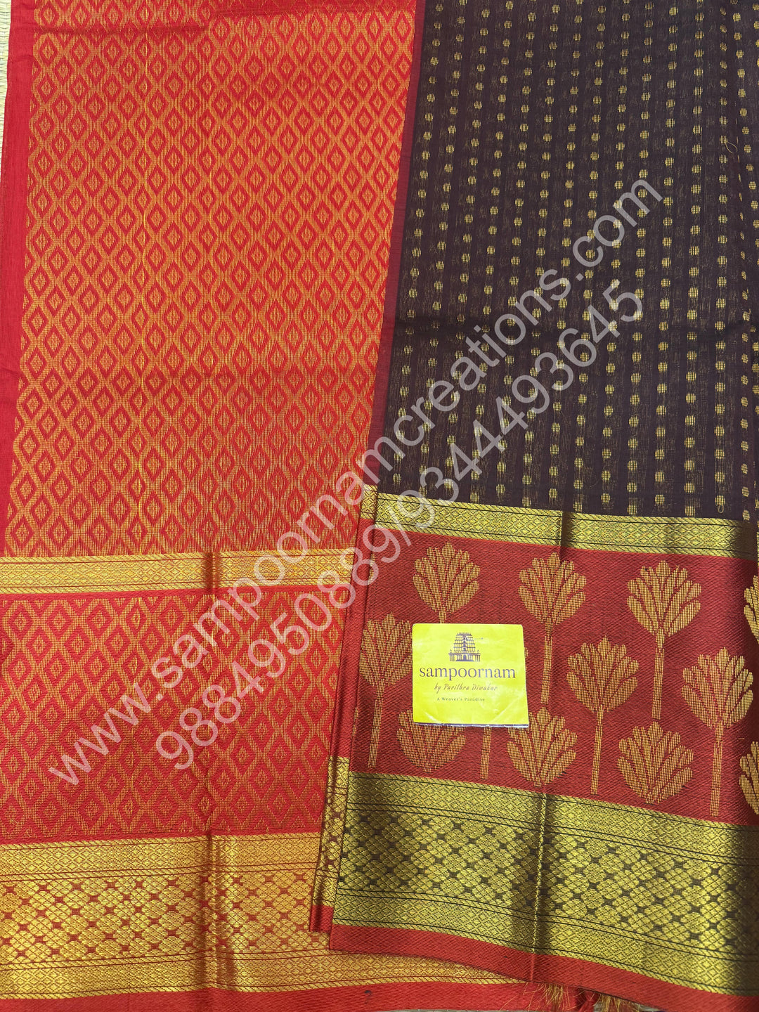 Brown with Red  , rich Zari Lakshadeepam butta in the body , one side long traditional Borders and Grand Pallu Korvai Silk Cotton Saree