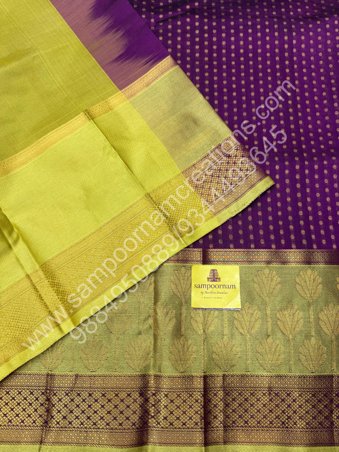 Purple with Lemon Yellow  , rich Zari Lakshadeepam butta in the body , one side long traditional Borders and Grand Pallu Korvai Silk Cotton Saree