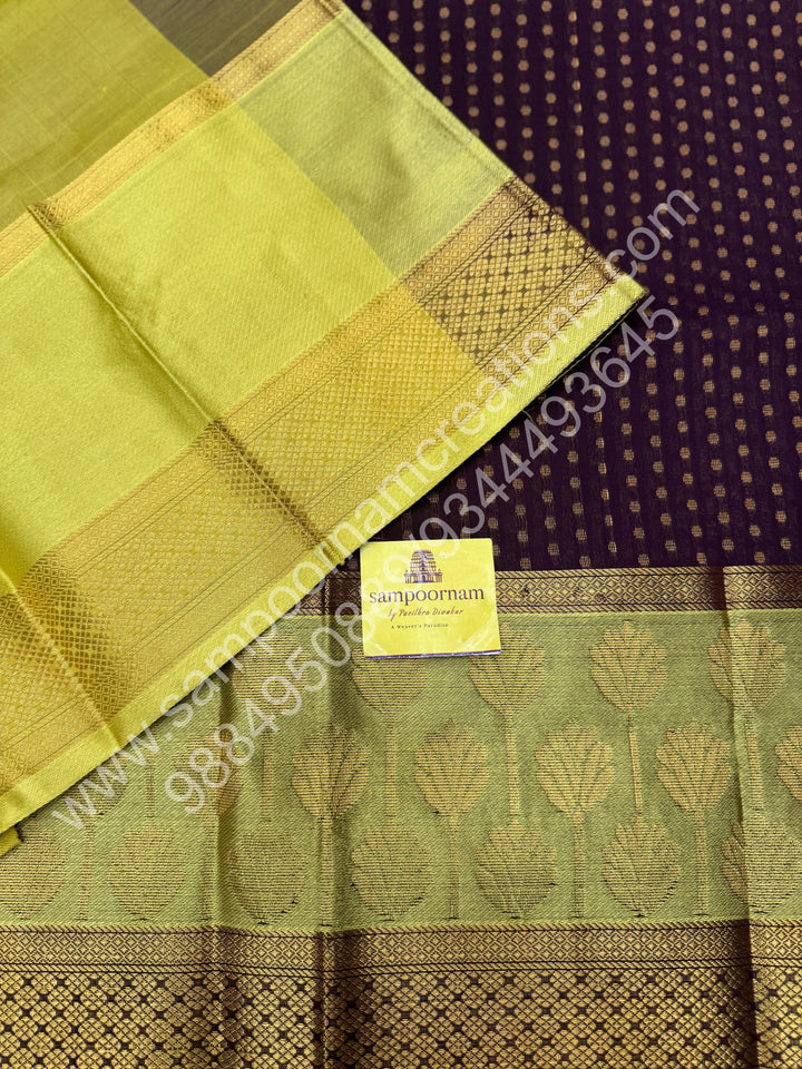 Brown with Lemon Yellow ,  , rich Zari butta in the body , one side big Satin Borders with Floral motif , traditional borders and Grand Pallu Korvai Silk Cotton Saree