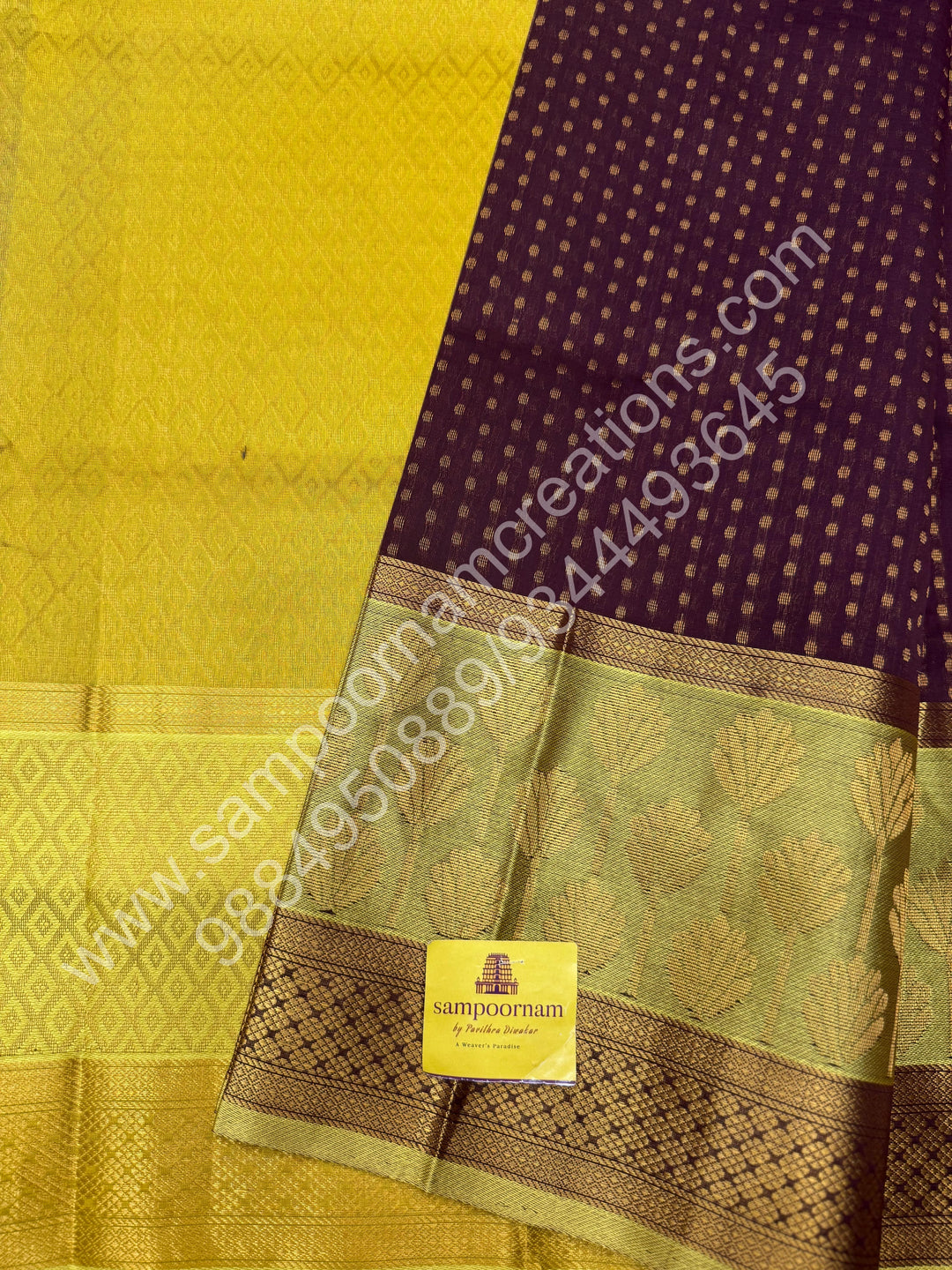 Brown with Lemon Yellow ,  , rich Zari butta in the body , one side big Satin Borders with Floral motif , traditional borders and Grand Pallu Korvai Silk Cotton Saree