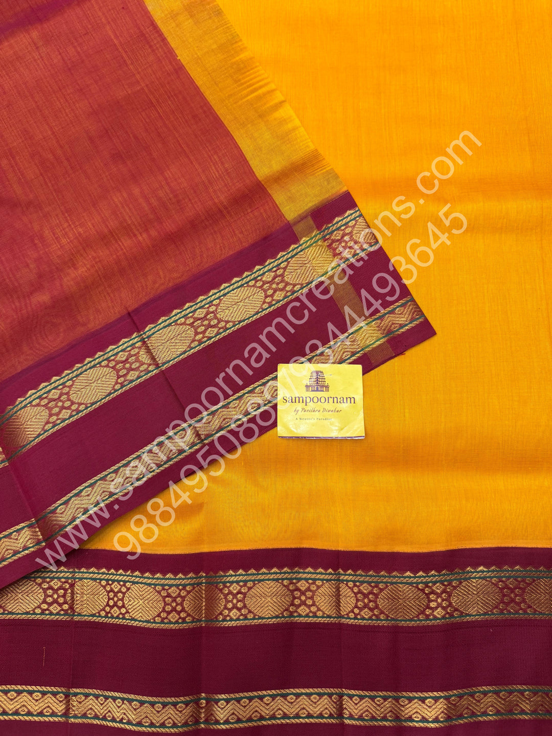 Mambazha Manjal with Dark Red  , rettapet borders and rich Pallu Korvai Silk Cotton Saree