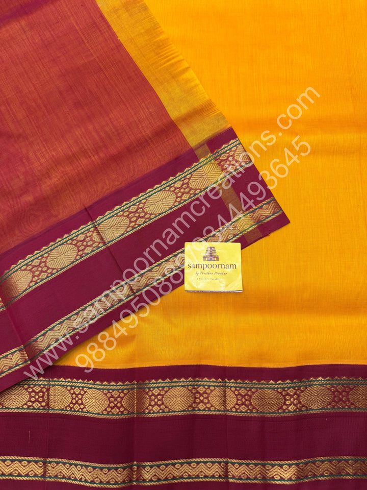 Mambazha Manjal with Dark Red  , rettapet borders and rich Pallu Korvai Silk Cotton Saree