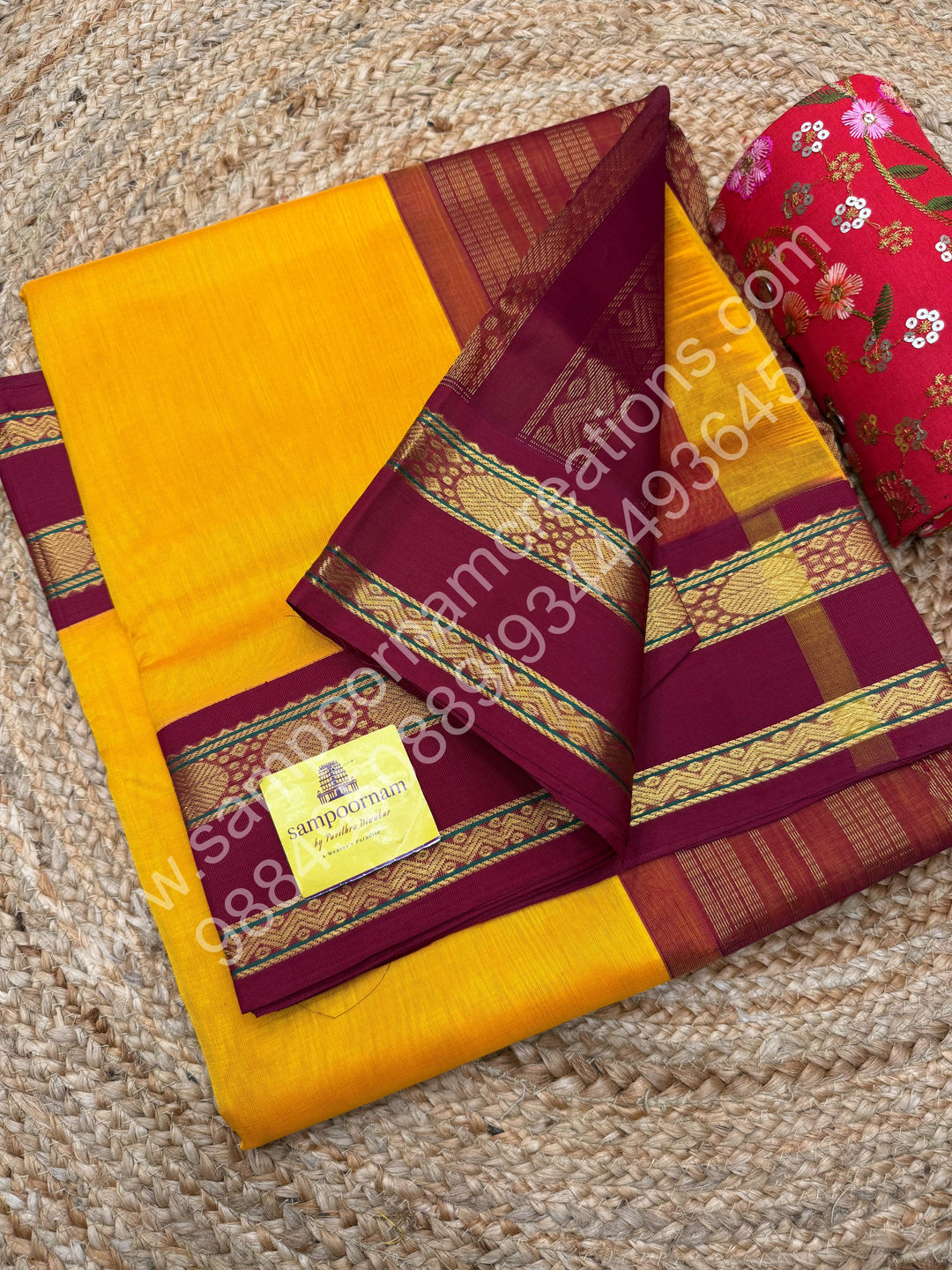 Mambazha Manjal with Dark Red  , rettapet borders and rich Pallu Korvai Silk Cotton Saree